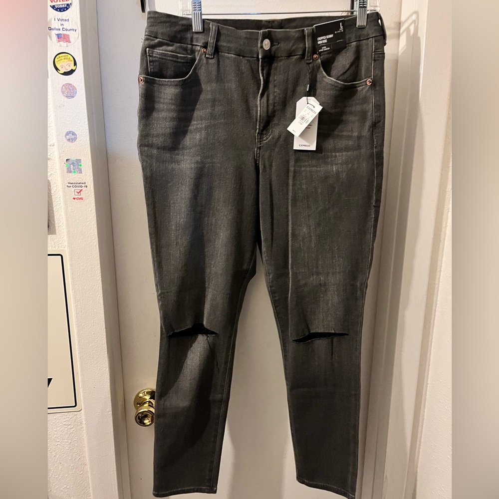 Express-size L 12/14/16 soft black cropped slit knees Flexx stretch jeans NWT